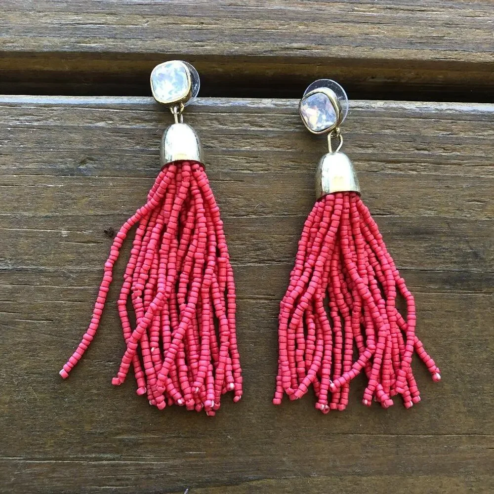Coral Beaded Tassel Earrings with Diamond Studs on Gold